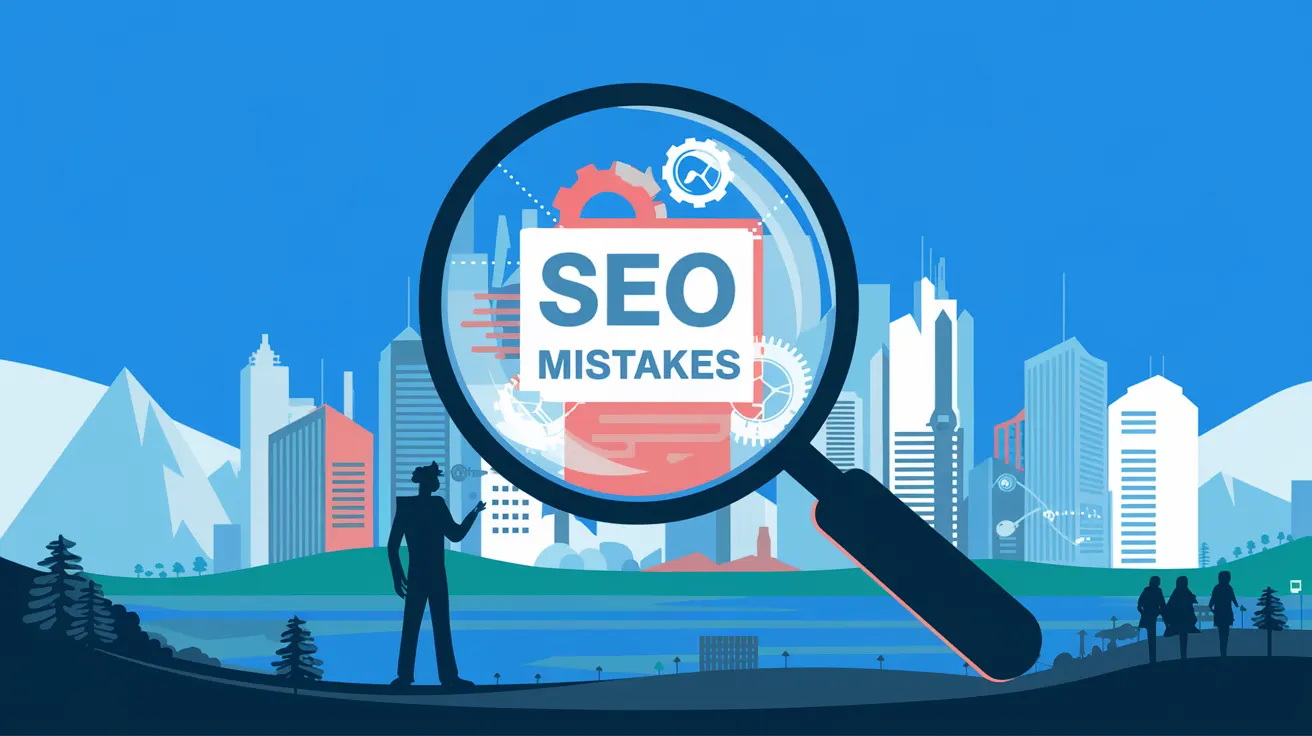 Magnifying glass highlighting 'SEO Mistakes' over a cityscape, symbolizing 9 common SEO mistakes to avoid and fix for success in 2025