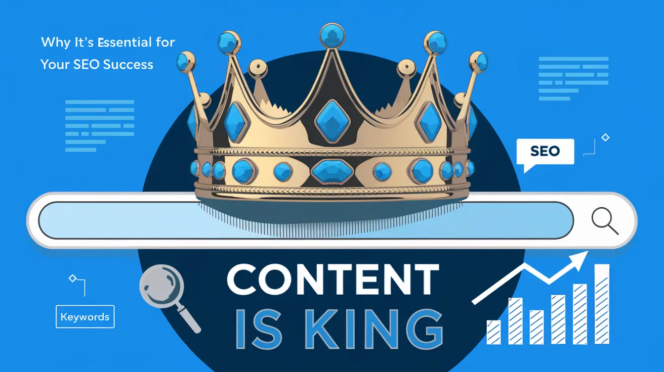 A crown on a search bar with the text 'Content is King,' highlighting the role of quality content in driving SEO performance and growth