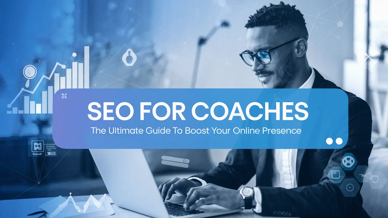 Professional guide image for 'SEO for Coaches' featuring a coach working on a laptop