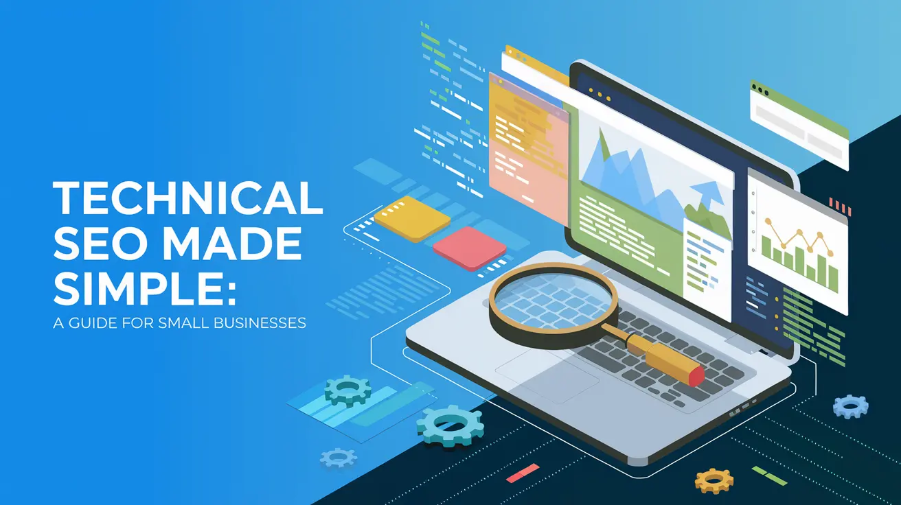 Laptop with code, charts, a magnifying glass, and text: Technical SEO Made Simple - A Guide for Small Businesses.