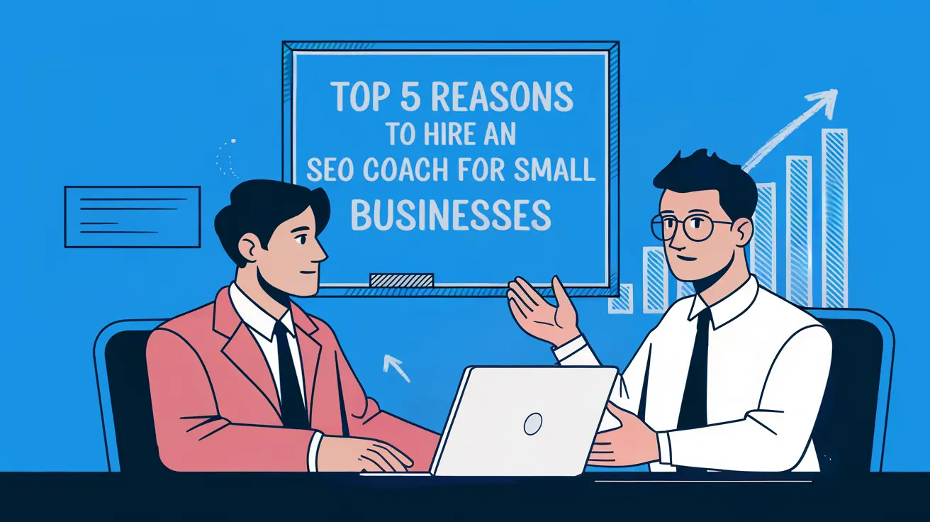 Illustration featuring two professionals discussing SEO strategies at a desk with a laptop