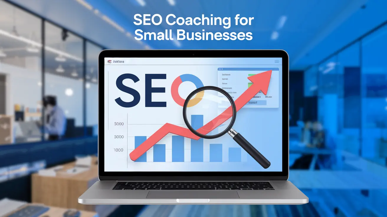 Laptop showing an SEO dashboard with a magnifying glass on a red arrow, text 'SEO Coaching for Small Businesses,'